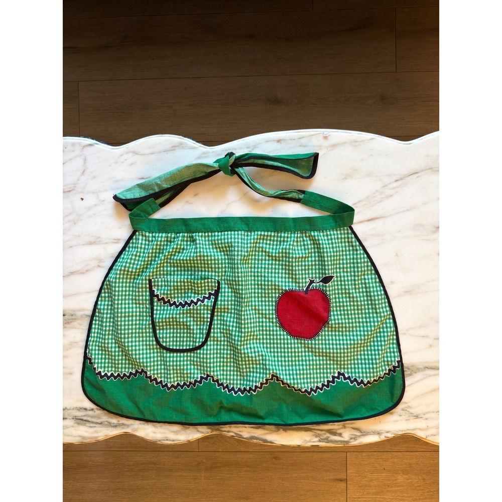 Vintage Green Gingham Half Apron Apple Cottagecore Retro Kitchen